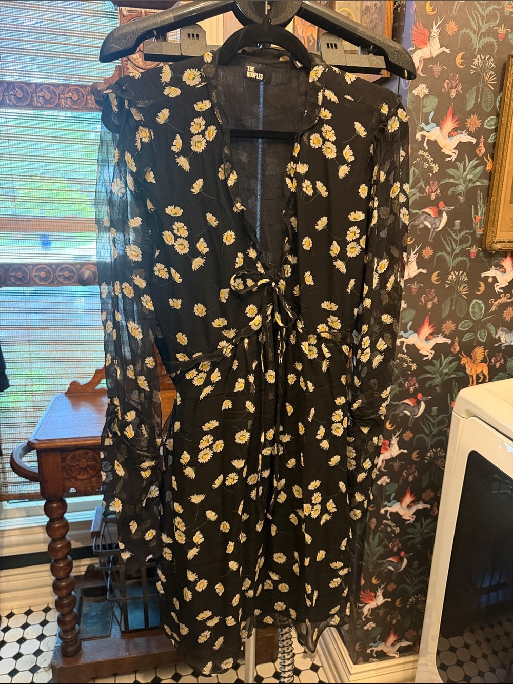 The Kooples Black Sheer Dress with White and Yellow Daisy Print
